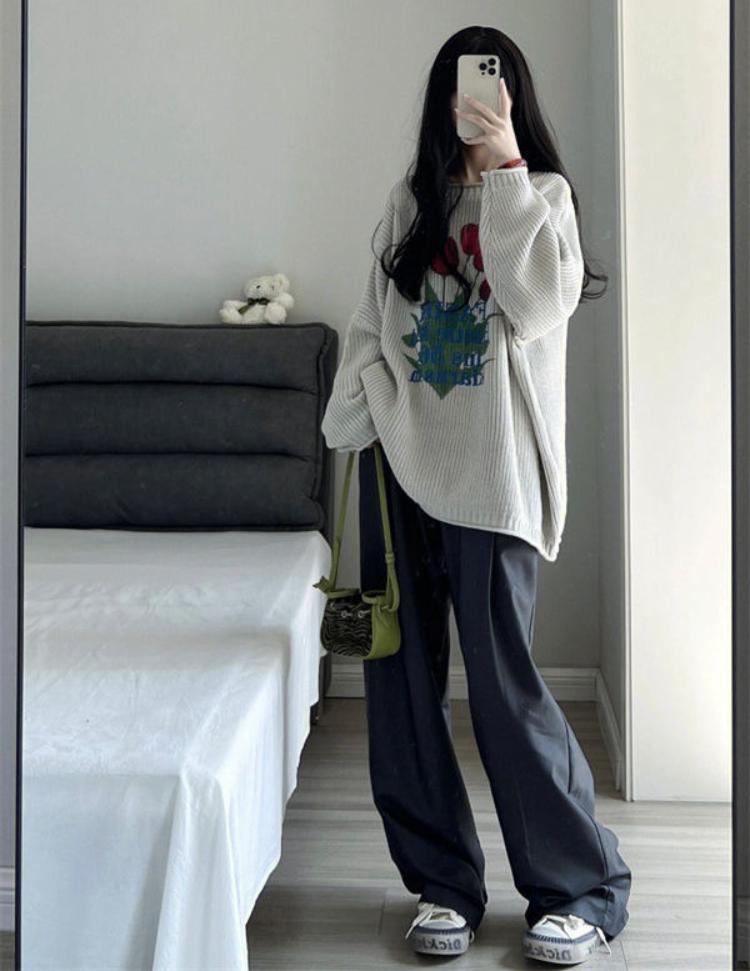 Pulover tricotat retro Femei Harajuku Vintage cu imprimeu floral Pulover lejer casual cu mânecă lungă Topuri cu gâtul O Haine Y2K Dulci