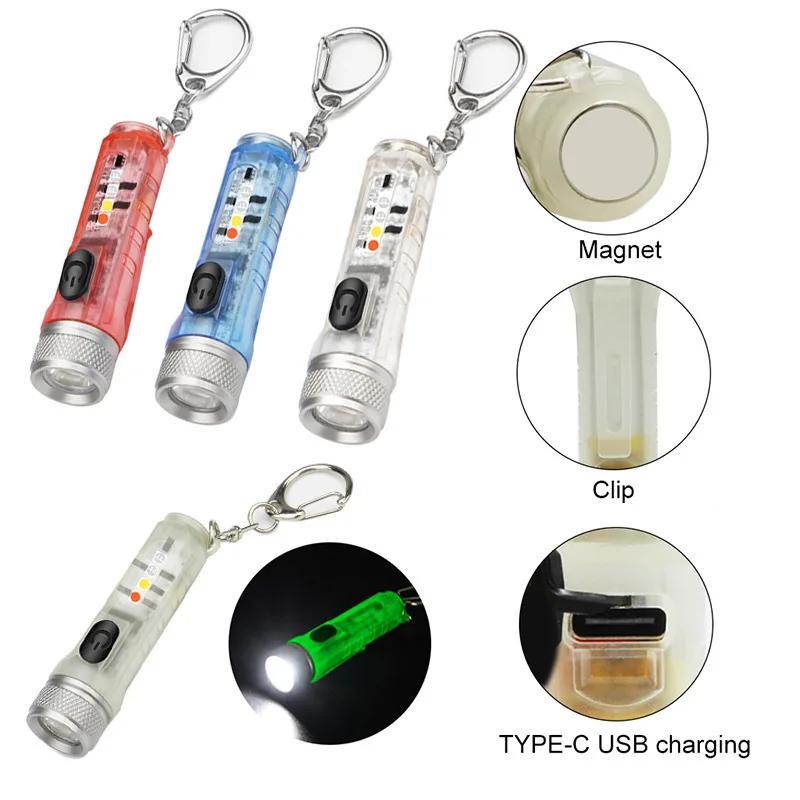 Mini Keychain Flashlight Type-C Fast Charging IP66 Waterproof Torch Lamp With Magnet Multifunction Warning Camping Flashlight