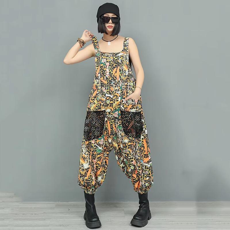 XITAO Patchwork Mesh Pocket Lapel Two Piece Jumpsuit  GYX1611