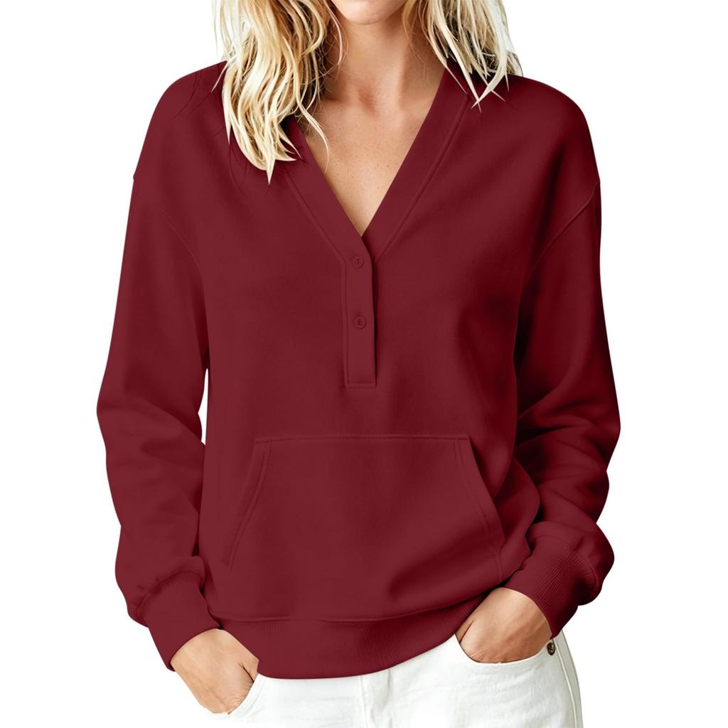 Women's Casual V Neck Pullover Sweatshirt Long Sleeve Buttoned Top with Front Pocket Lightweight Comfortable Fit