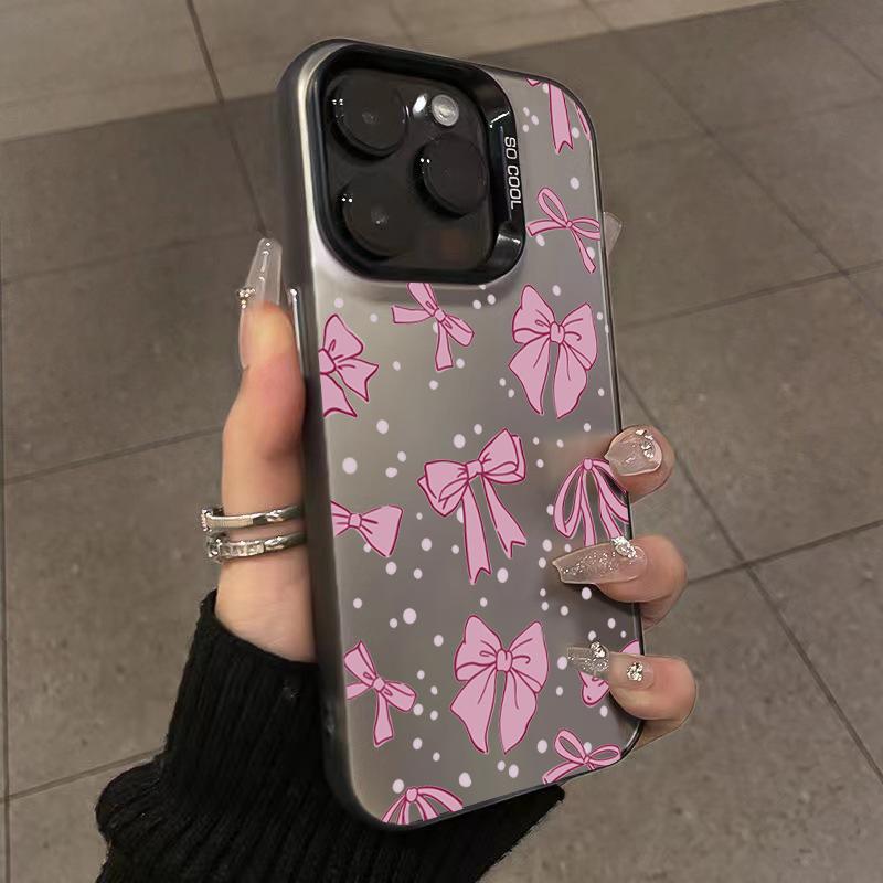 Ins Korean Simple Pink Bow Phone Case for iPhone 15 Pro Max 14 13 12 11 XS X XR 7 8 Plus 15 Luxury Lens Protection Laser Cover