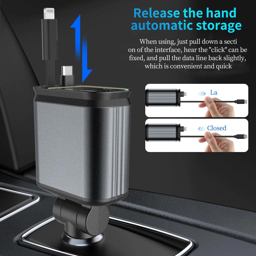 120W 4 IN 1 Retractable Car Charger USB Type C Cable For iPhone Samsung Super Fast Charging Cord Cigarette Lighter Adapter