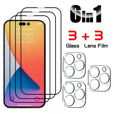 6in1 [3 Linsenglas + 3 Bildschirmglas] Vollbild-Abdeckungsschutz aus gehärtetem Glasfilm für Apple iPhone 16 15 14 13 12 11 Pro Max Promax Plus Mini