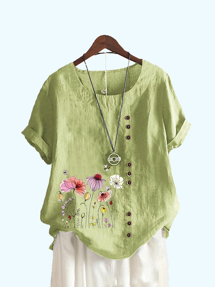 

Женская модная блузка с цветочным принтом, летний топ с короткими рукавами, женская повседневная футболка с круглым воротником, свободные блузки больших размеров XXXXXL зелёный