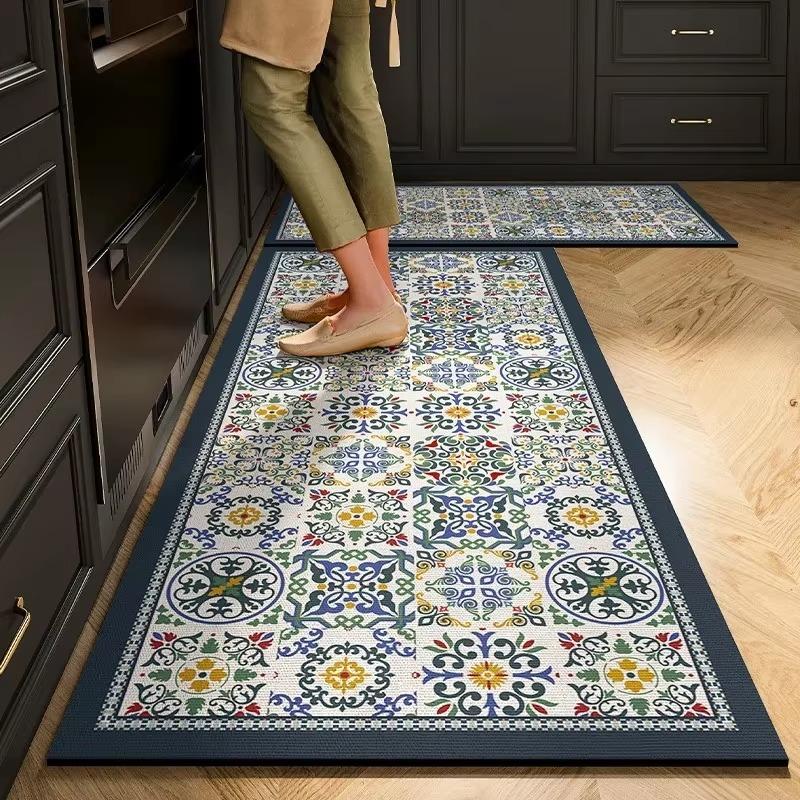 Carpet for Kitchen Set Non-slip Oil-proof Floor Mat Pvc Leather Waterproof Foot Mats American Vintage Decoration Long Strip Rug