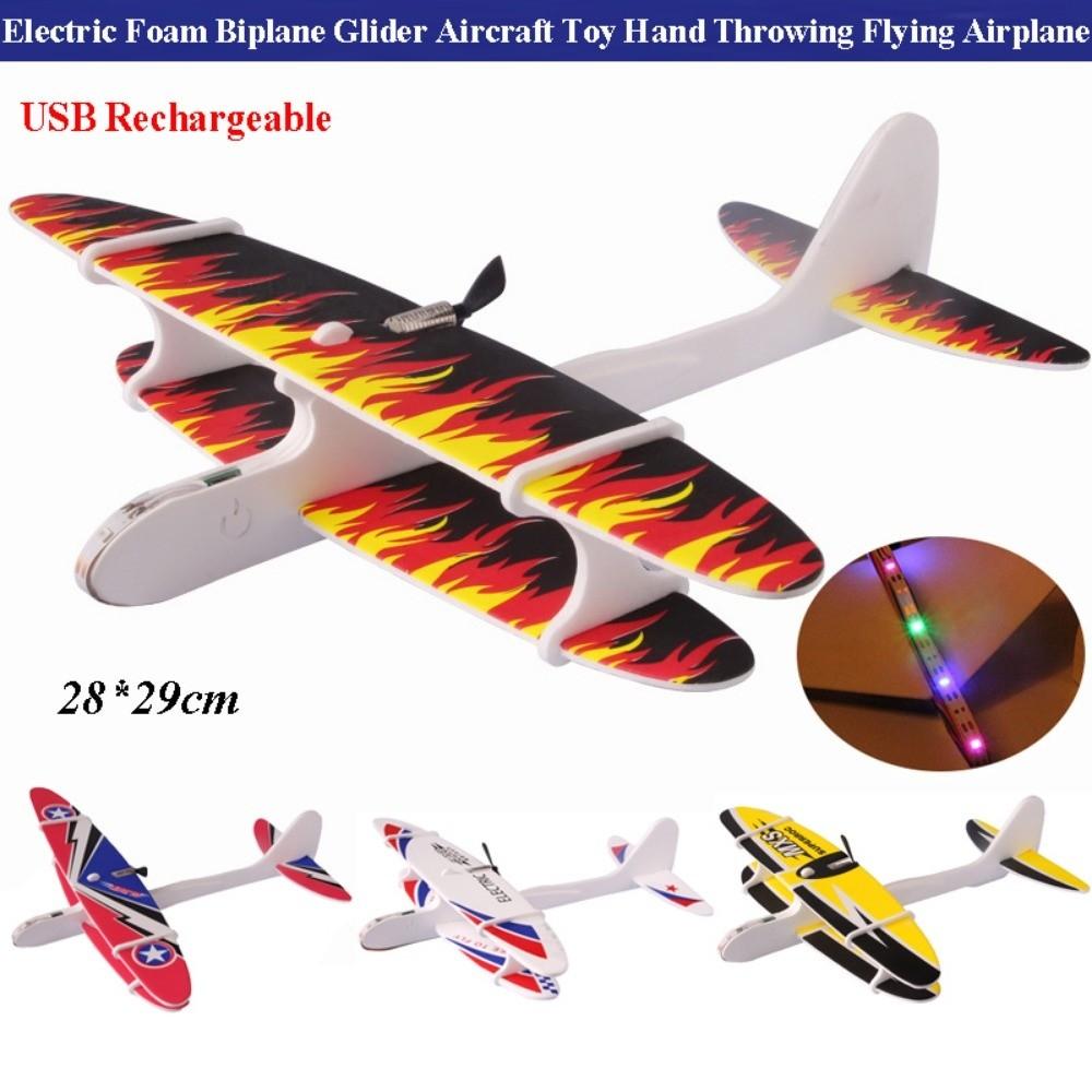 PP Electric Large Foam Biplane Glider with LED Light Flight Glider DIY Aircraft Model Toy
