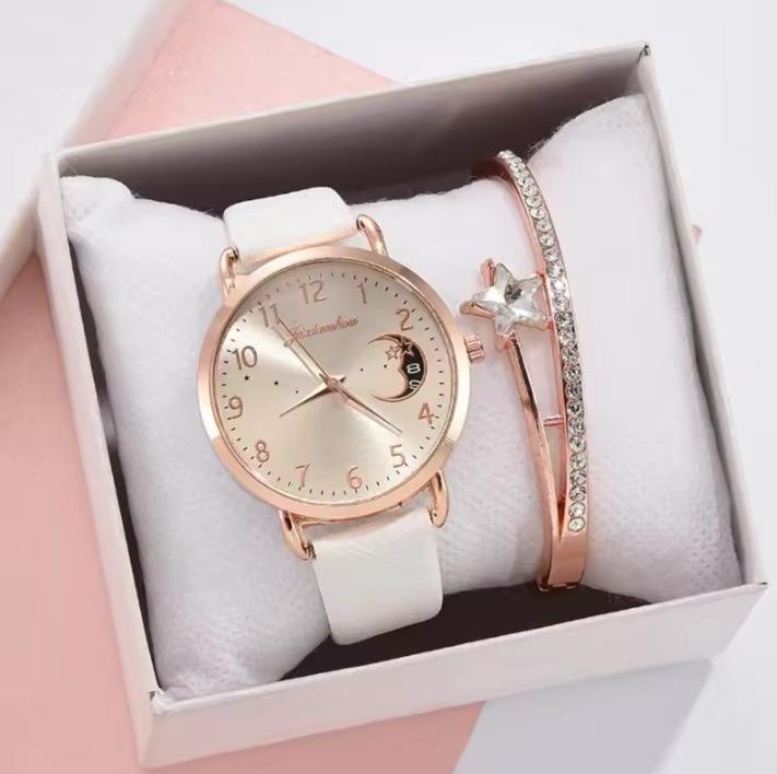 New Women'S Quartz Watch Set Pu With Moon Pattern Dial With Calendar Watch