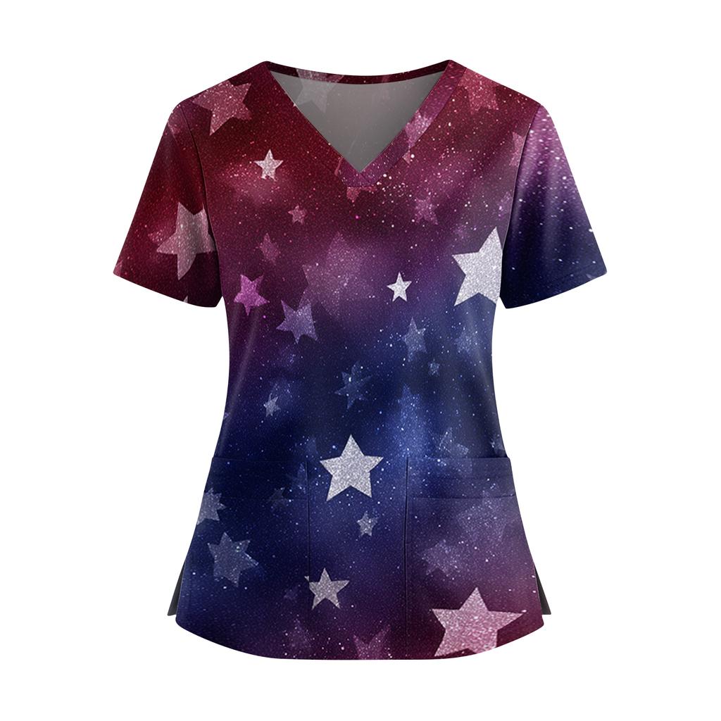 Uniforme de Manga Corta con Estampado del Día de la Independencia para Mujer, Cuello en V, Doble Bolsillo, Dobladillo con Abertura - Top para Cuidador