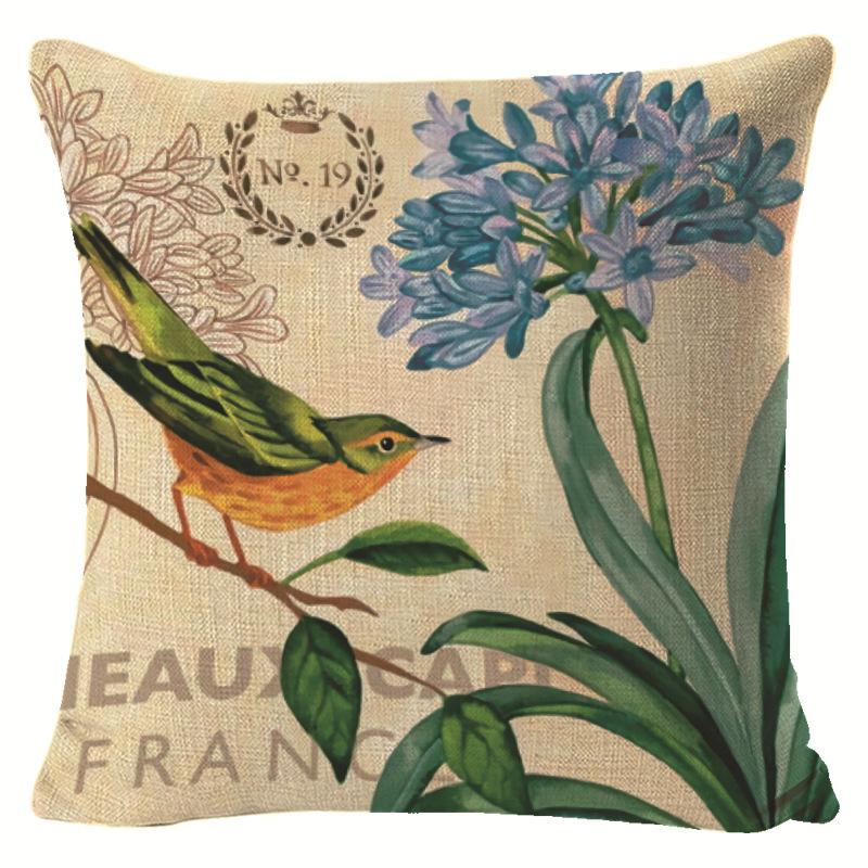 Village Style Rural Flower And Bird Sofa Pillow Cover Linen Spring Cushion Cover Car Waist Backrest Cover