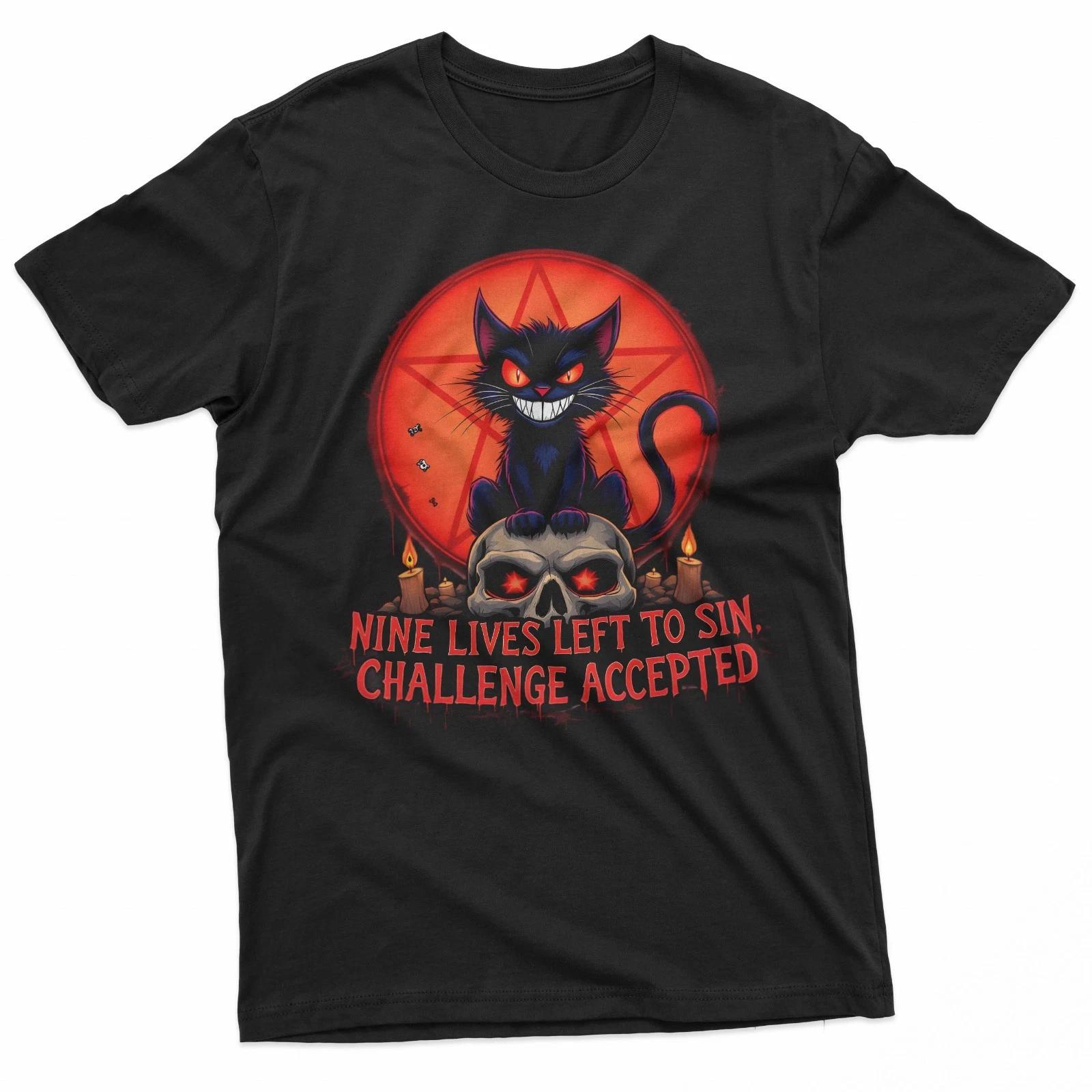 Nine Lives Left To Sin Funny Evil Cat Gothic Design 100% Cotton T-shirt Mens Tees Top 4XL