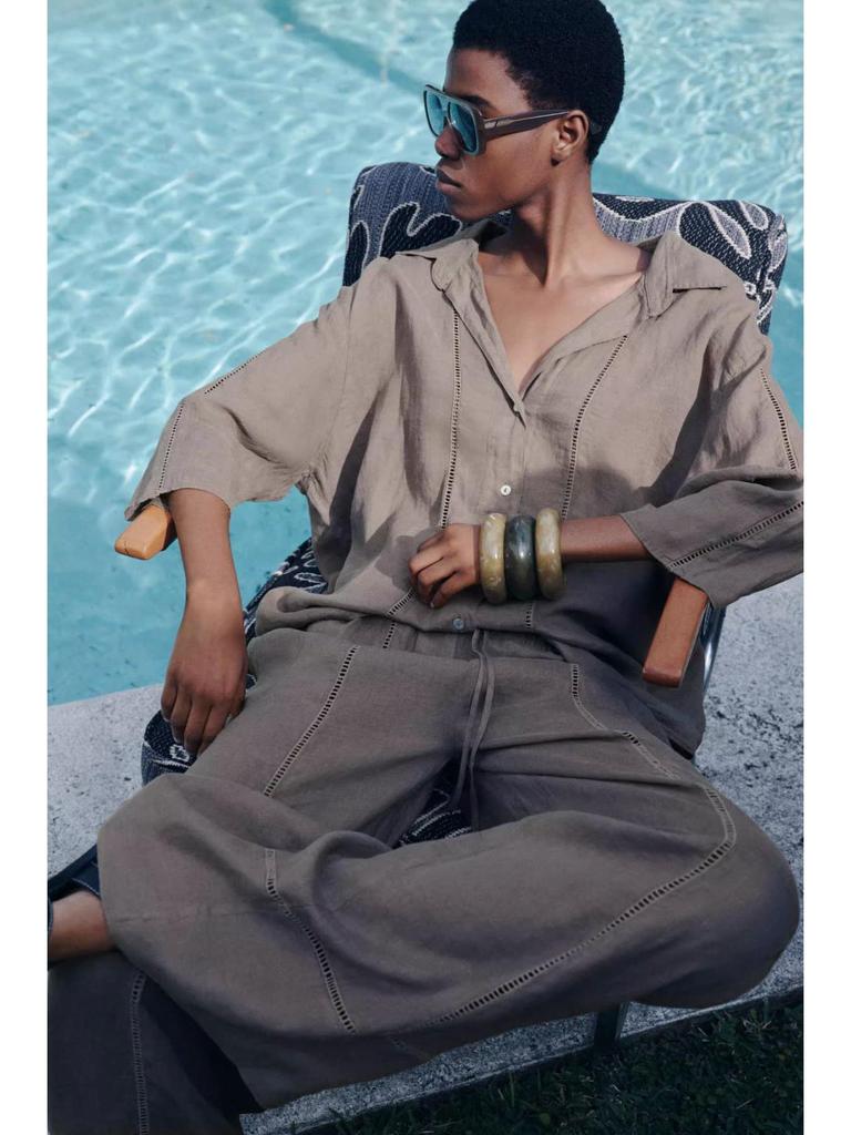 Spring 2025 Women's Linen V-Neck Long Sleeve Shirt & Wide-Leg Pants Casual Set