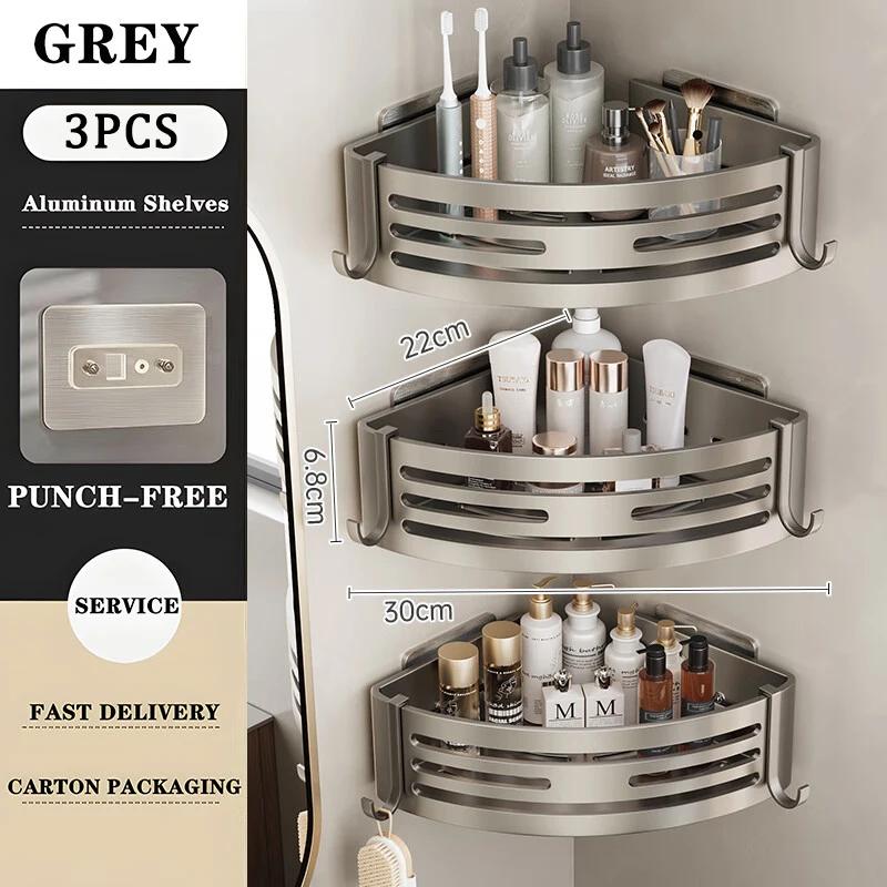3PCS Bathroom Triangle Shelf Space Aluminium Wall Corner Wall Mounted No Hole Light Luxury Toilet Storage Shelf