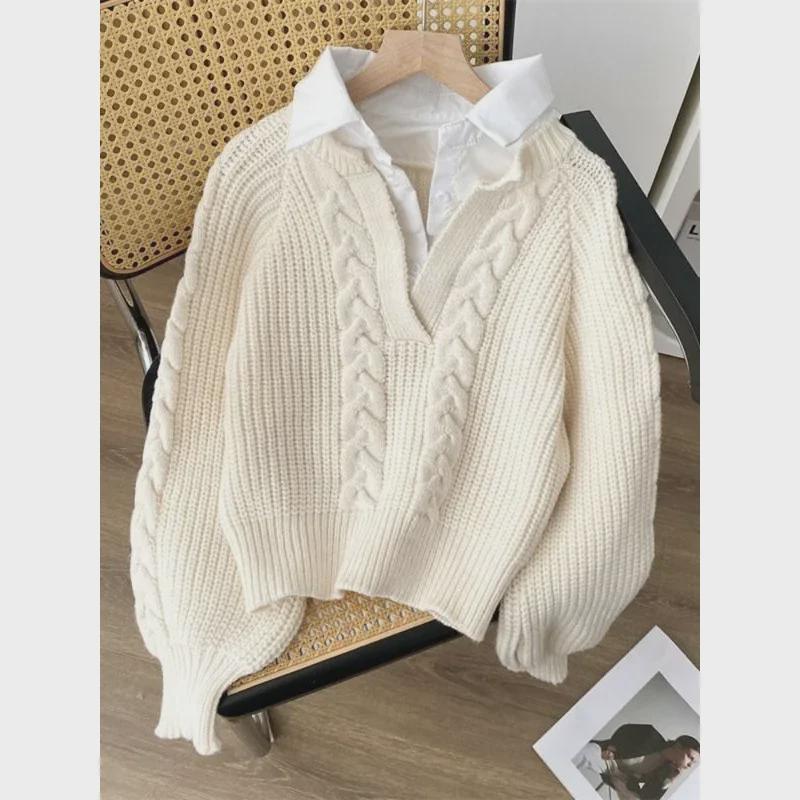 Pulover tricotat de damă fals două piese cu rever pentru toamna/iarna 2024