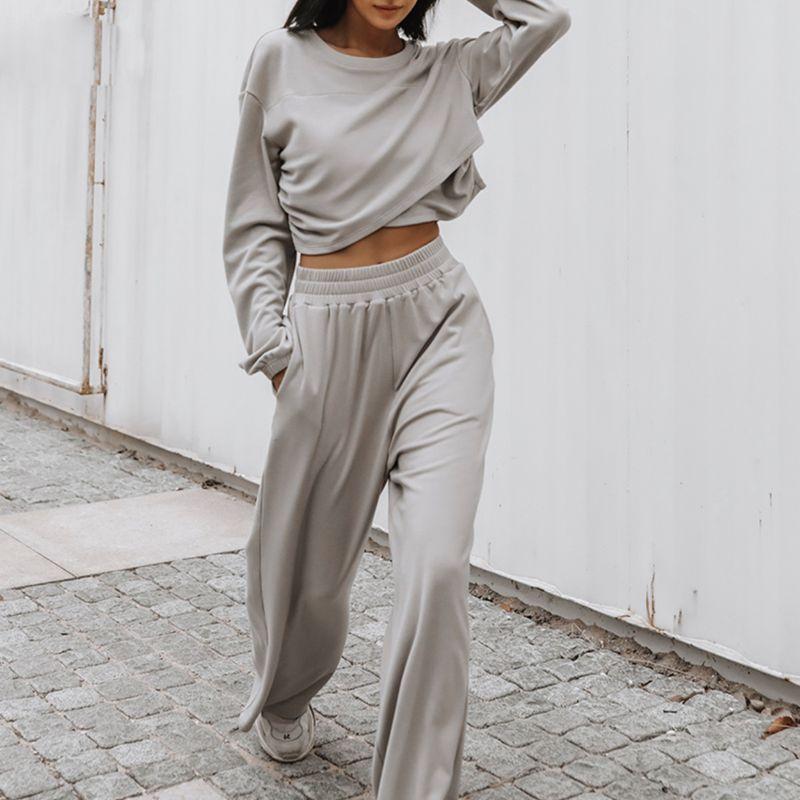 Long Sleeve Top and Sweatpants Set Solid Color Long-Sleeved Top Loose Sweatpants Suit