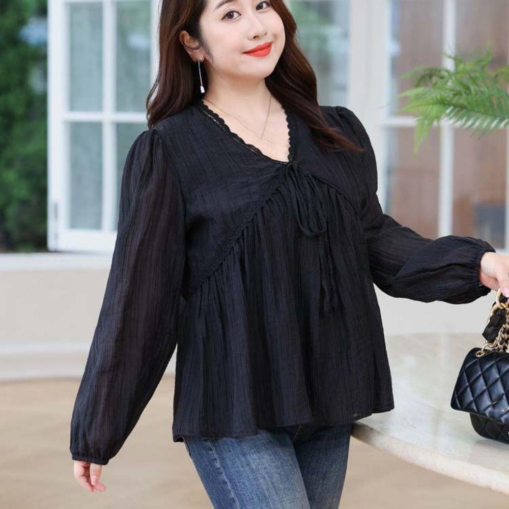 

Lace Up Chiffon Long Sleeve Shirts V-neck Office Lady Shirt Tops Women s Lace Blouse Autumn M чорний