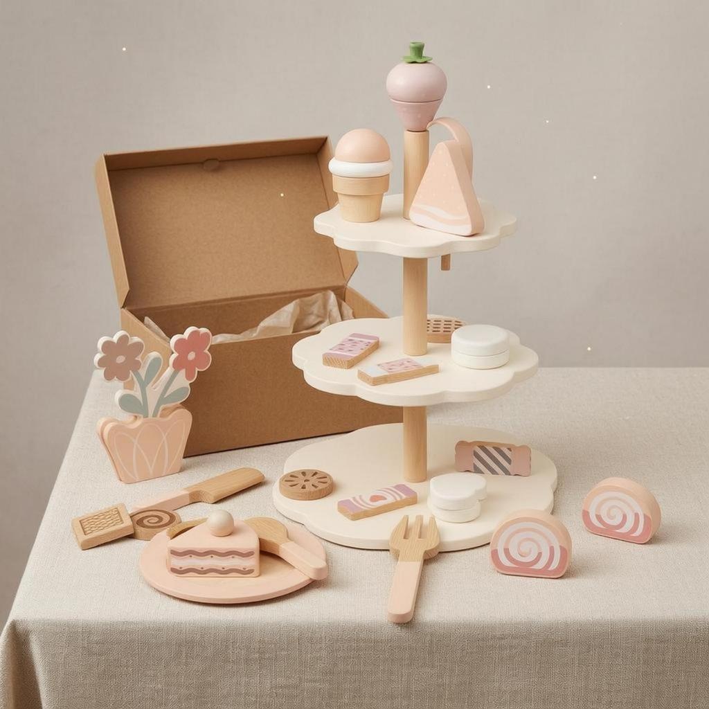 Wooden Dessert Playset Smooth Painted Finish Pretend Confectionery Stand Assorted Accessories
