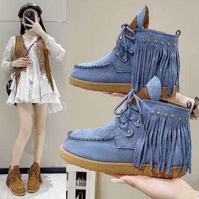 Mode Flache Einzelstiefel Frühling Neuer Stil Runde Spitze Tiefer Ausschnitt Wildleder Nieten Schnürung Weiche Sohle Rutschfest Abriebfest Kurze Stiefel