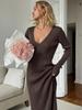 Women's Knitted Dress Elegant V Neck Thick  A-line Dress Brown Long Sleeve Vintage Midi Casual Dresses for Women