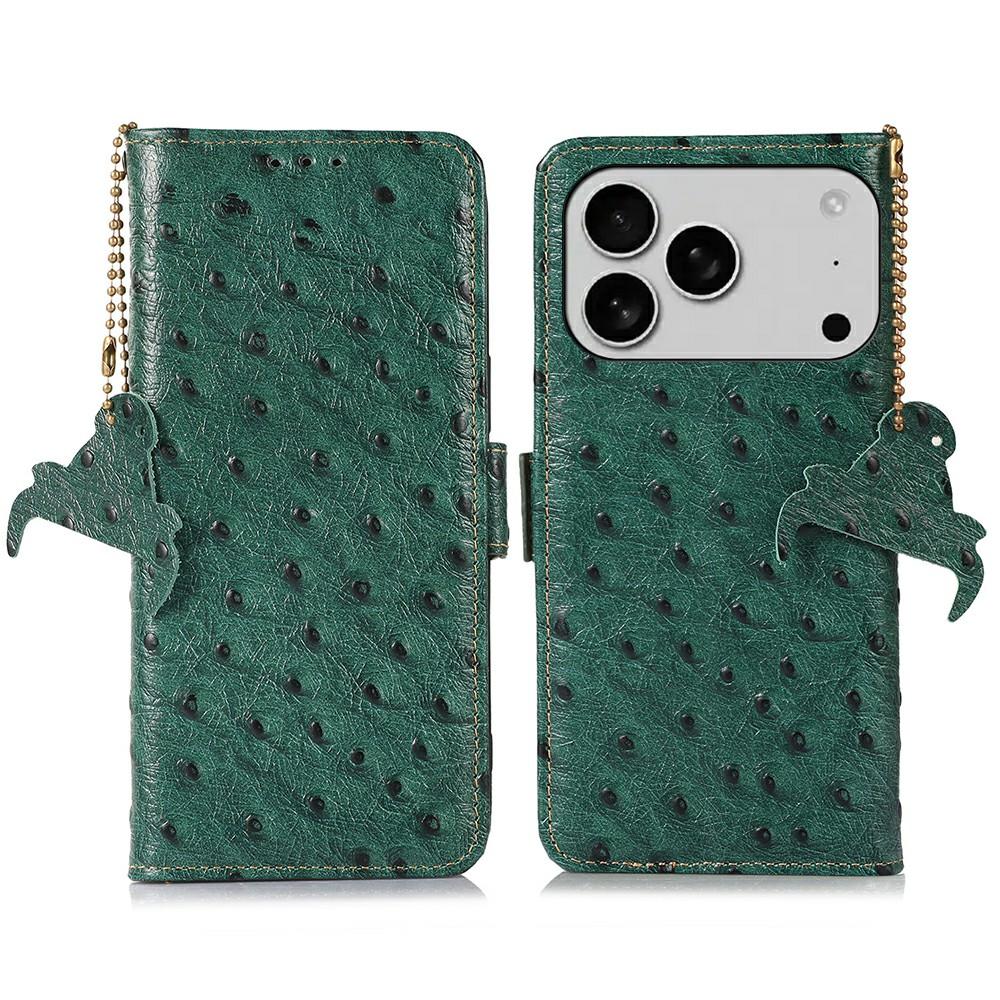 For iPhone 17 Pro Case RFID Blocking Genuine Cow Leather Phone Case Ostrich Texture
