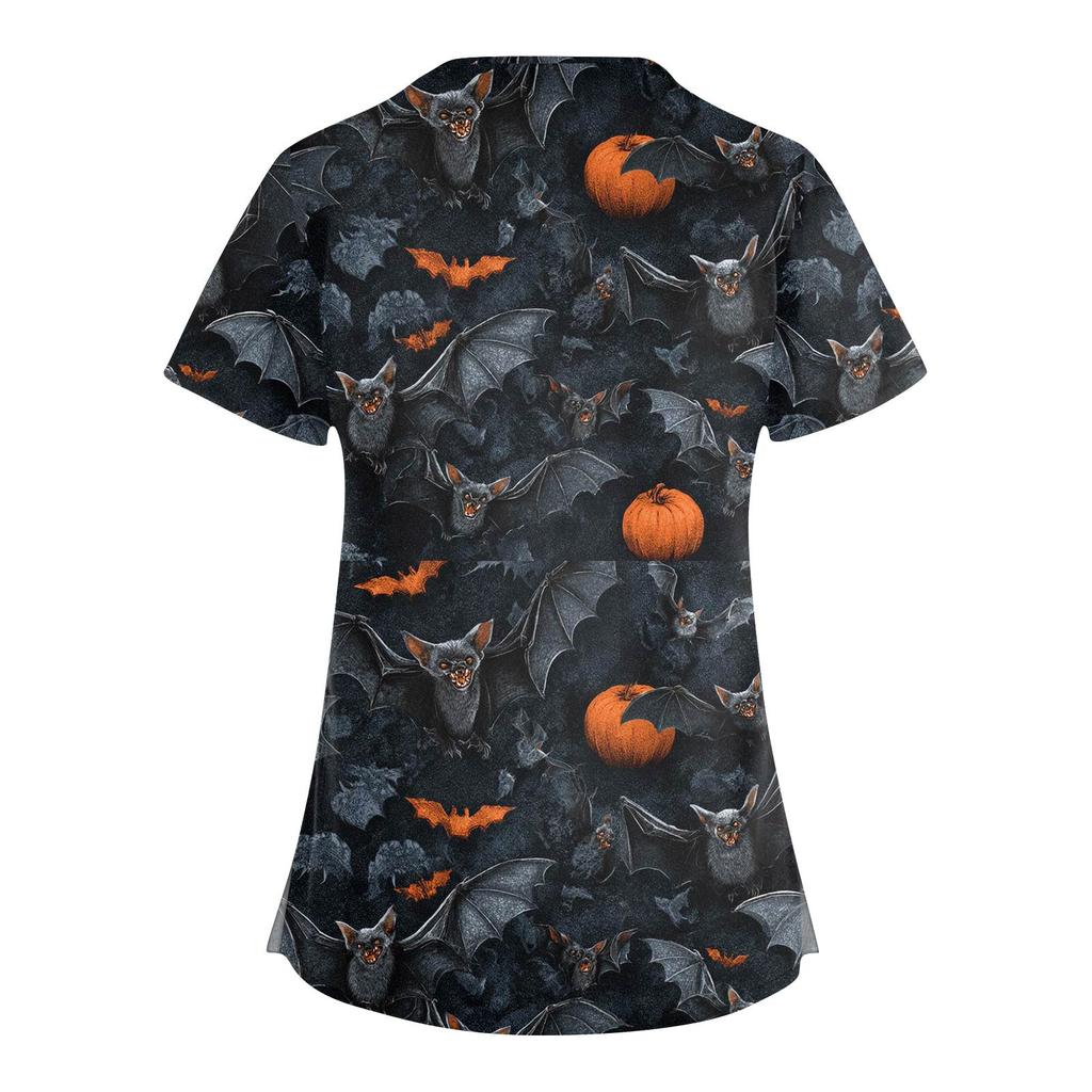 Tuta da donna alla moda con scollo a V, manica corta, con tasche, top stampati per Halloween, abbigliamento