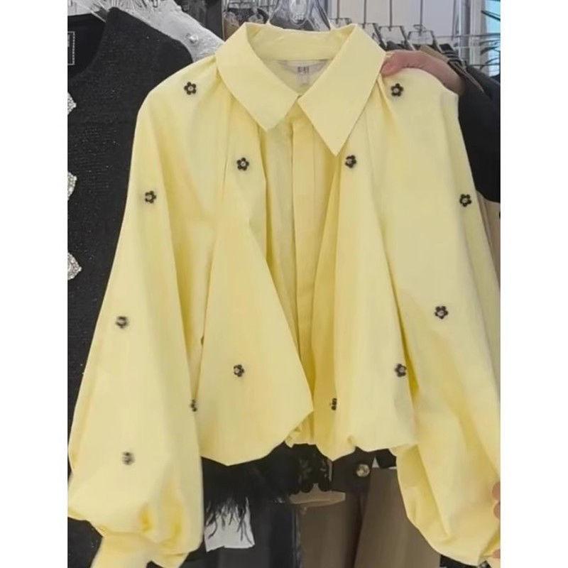 Yellow Polo Collar Floral Bubble Sleeve Shirt Jacket Women Spring French Loose Top