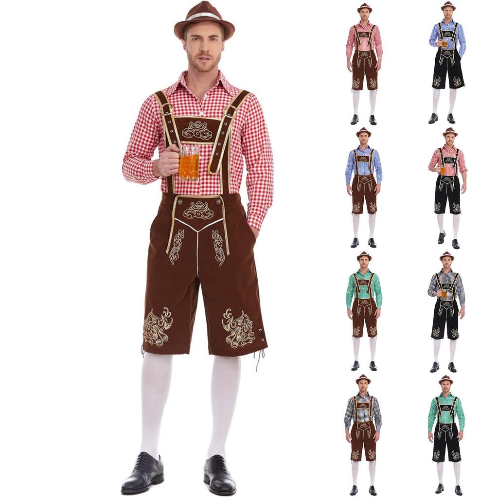 Herren Bayerische Oktoberfest Tracht - Kariertes Hemd & Hosenträgerhose Set