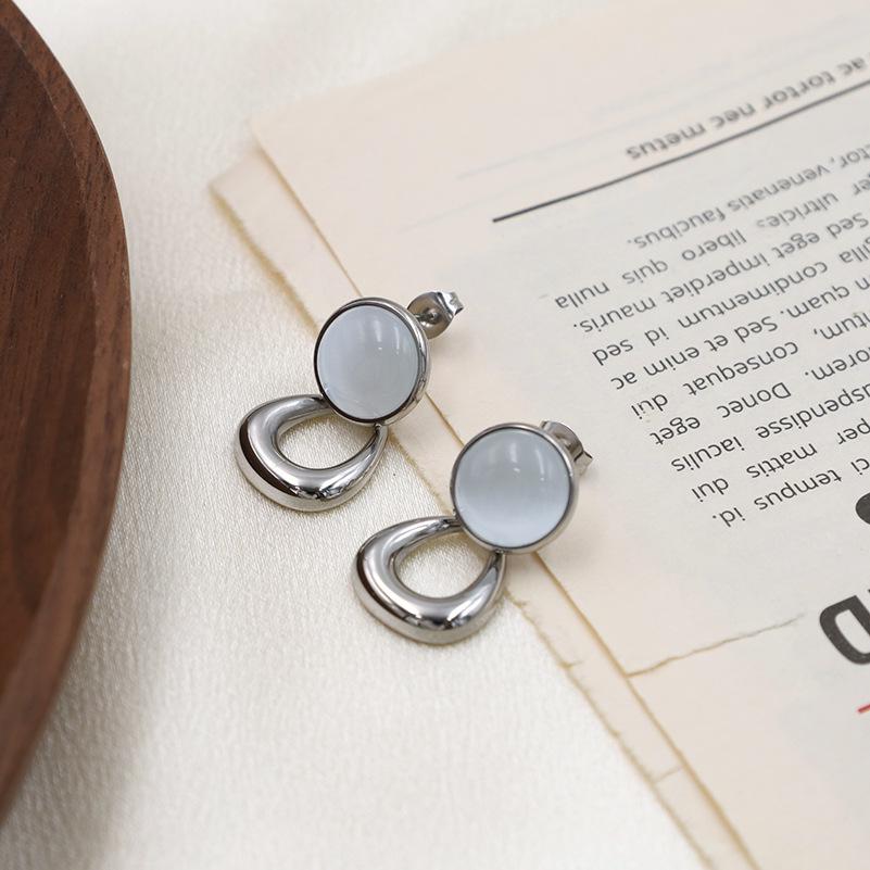 Guochao Retro Inlaid Circle Opal Stud Earrings Geometric Irregular Temperament Girls Versatile Jewelry