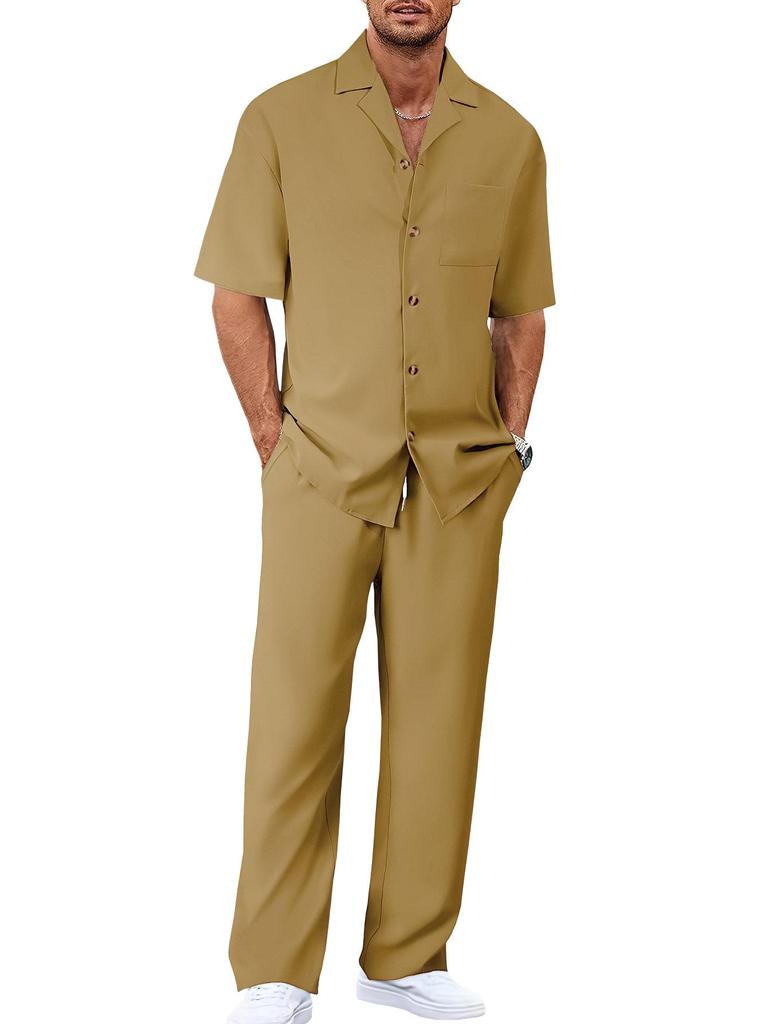 2025 Men's Casual Trendy Set: Turn-Down Collar, Short Sleeves & Long Pants