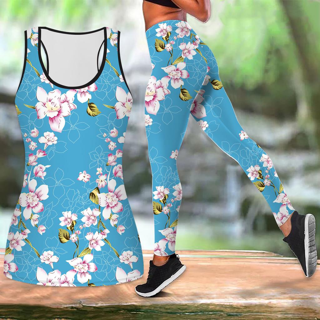 Flowers and Green Leaves Print Yoga Outfit for Women Fashion Workout Leggings Fitness Sports Casual Yoga Set Sports Suit
