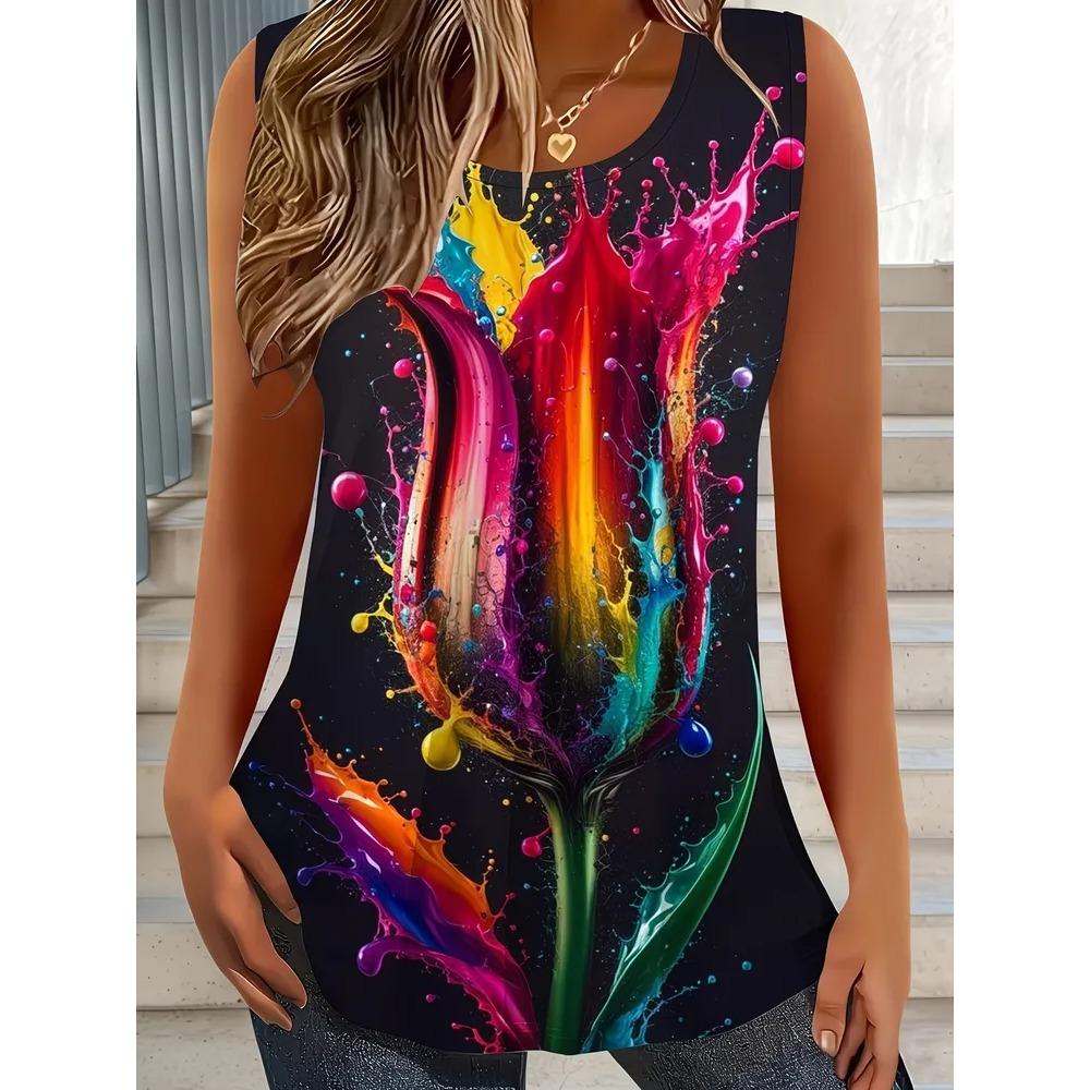 Gilet Estivo da Donna Taglia Larga Fiori Colorati Stampa 3D Largo alla Moda Comodo Morbido Traspirante Scollo a O Senza Maniche