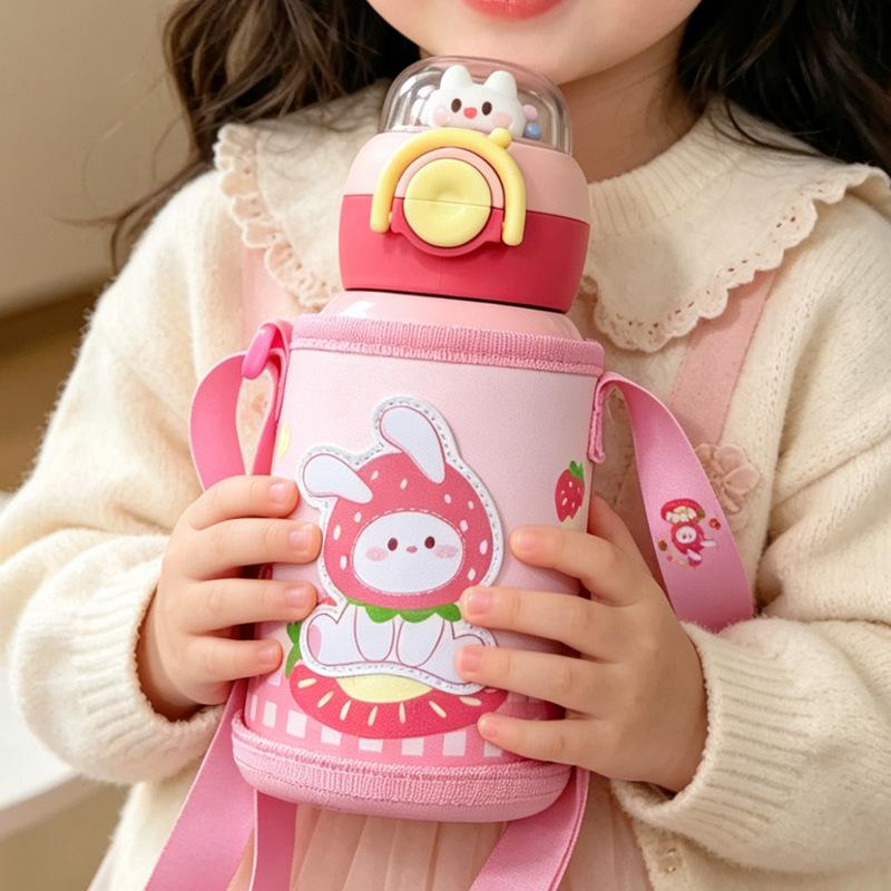 Cartoon leather cup cover bouncing 111 stainless steel thermos cup kindergarten baby drinking cup double cover straw cup