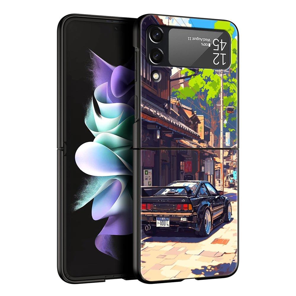 Phone Case for Samsung Galaxy Z Flip 3 4 5 6 Folding Black Shell JDM Tokyo Drift Sports Car For Samsung Z Flip4 Flip5 PC Cover