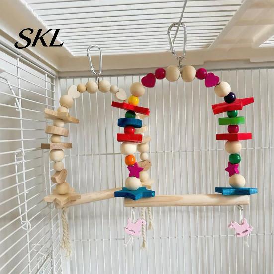Bird Swing Toy Hanging Parrot Toy, Wooden Perch Stand for Cage, Wood Chew Beads Blocks Parakeet Cockatiel Budgie Macaws