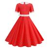 Women Vintage Collar Polka Dot Patchwork Short Sleeve Belted Flared Midi Dress for Casual and Daily Wear