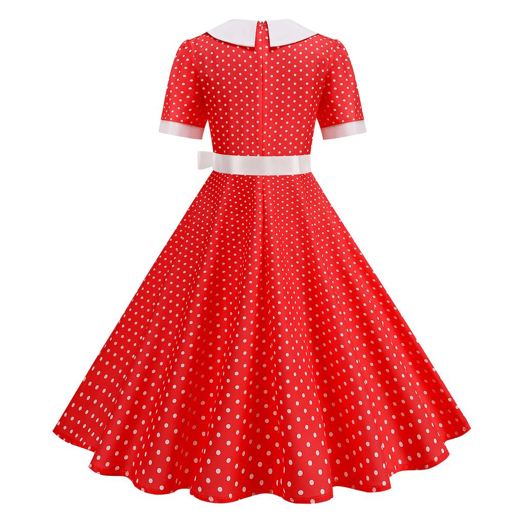 Women Vintage Collar Polka Dot Patchwork Short Sleeve Belted Flared Midi Dress for Casual and Daily Wear