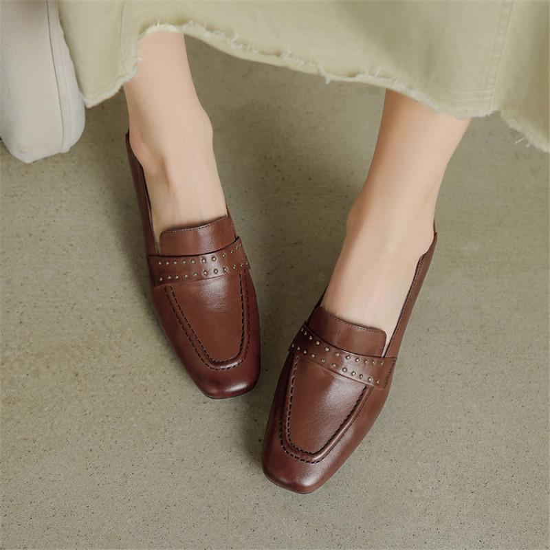 Fashion New Spring/summer Square Toe Genuine Leather Shoes for Women Fashion Rivet Women Pumps Handmade Women Shoes Chunky Heel Loafers