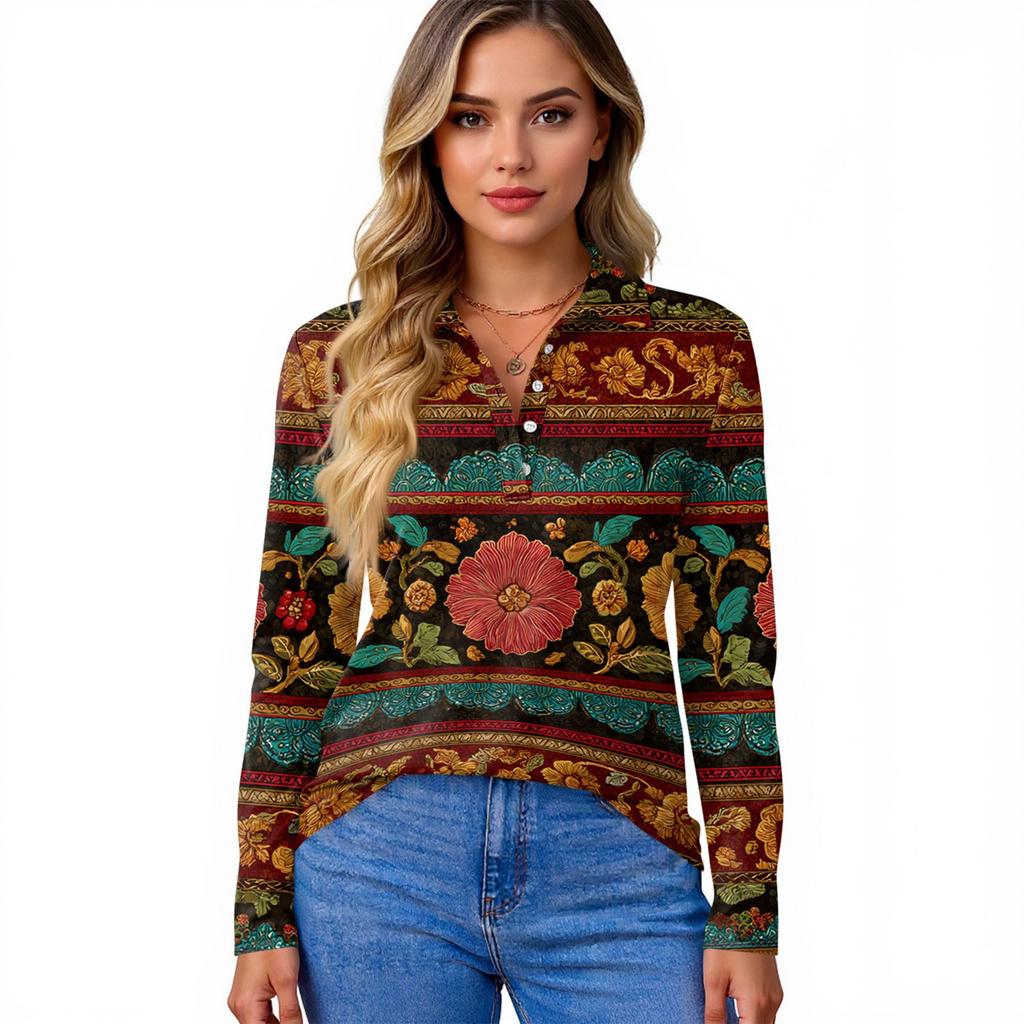 Women's Fashion Casual Lapel Short Long Sleeve Print Shirt Women's Button Up Tops