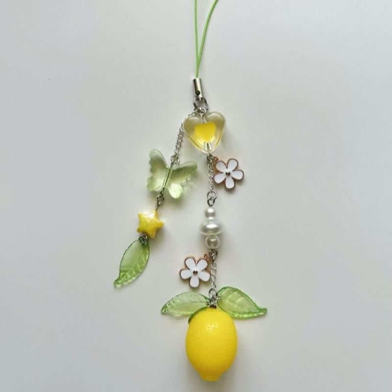 Y2K handmade fruit lifting mobile phone chain Lemon Charm with Flowers жёлтый