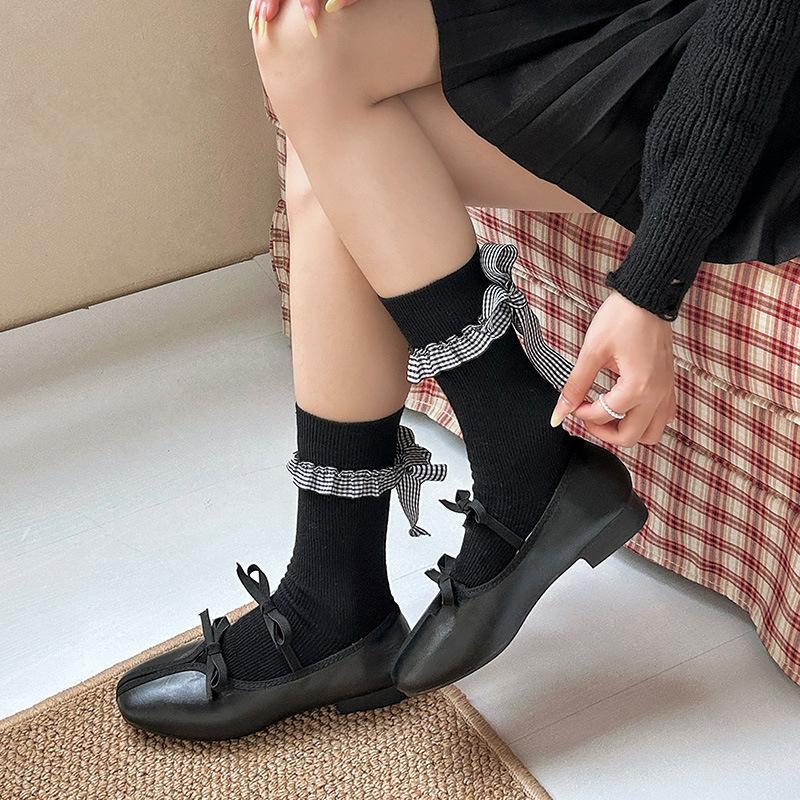 Damen Frühling und Herbst Süßer Absatz Schleife Karomuster Spitze Mittelhohe Stulpe Frottee-Socke