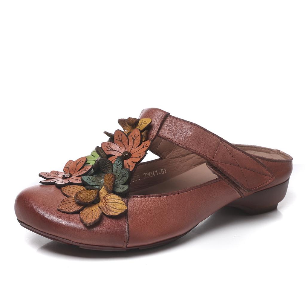 Johnature Retro Genuine Leather Colored Flower Round Toe Slippers Soft Soled Low Heel Comfortable Women's Slides