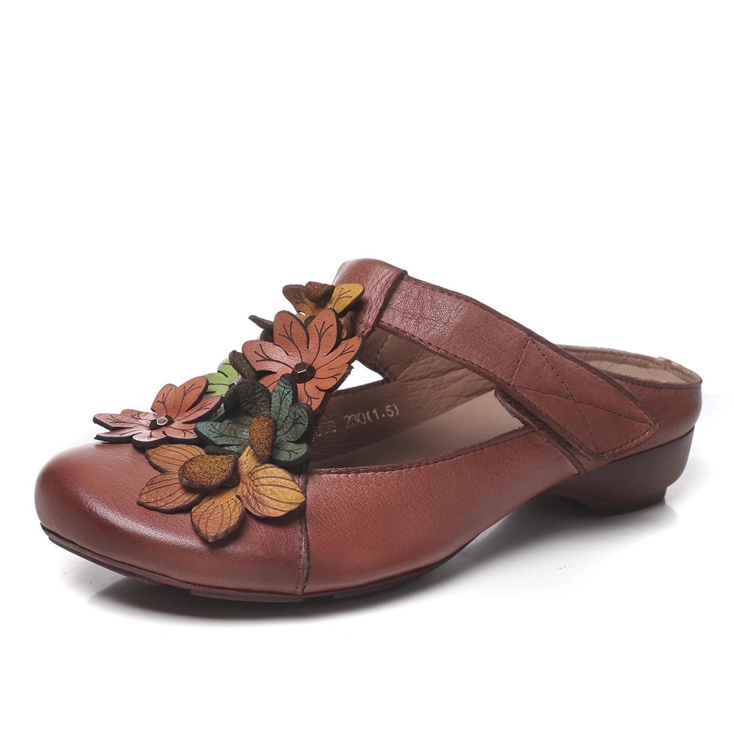 

Johnature Retro Genuine Leather Colored Flower Round Toe Slippers Soft Soled Low Heel Comfortable Women s Slides 40 верблюд
