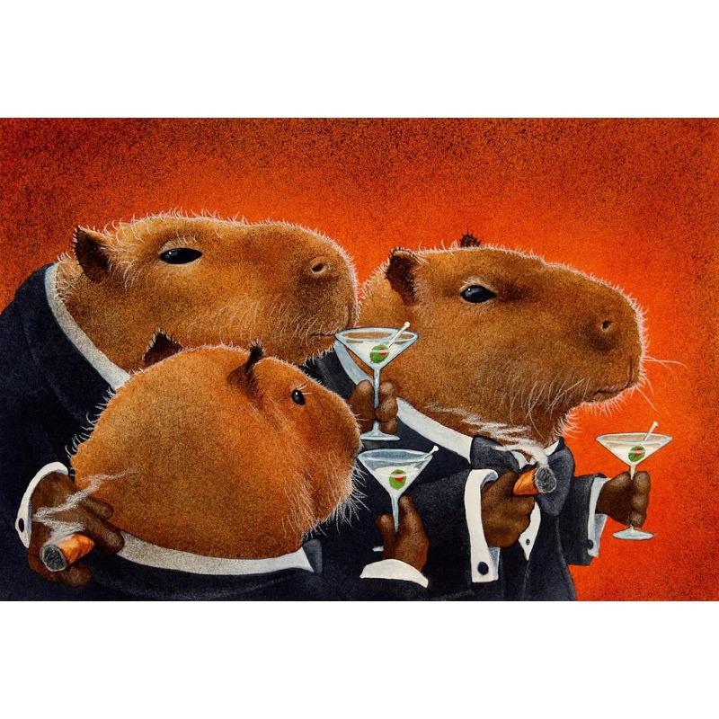 Funny Cute Animal Capybara in Suit Gentleman Drinking Art Posters Canvas Painting Wall Prints Picture for Living Room Home Decor