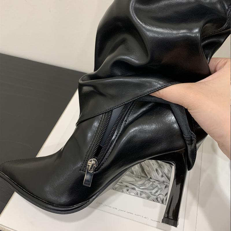 Eilyken Design Belt Buckle Knee High Boots Women Winter Sexy Thin Heels Pointed Toe Zipper Stripper Shoes  De Mujer