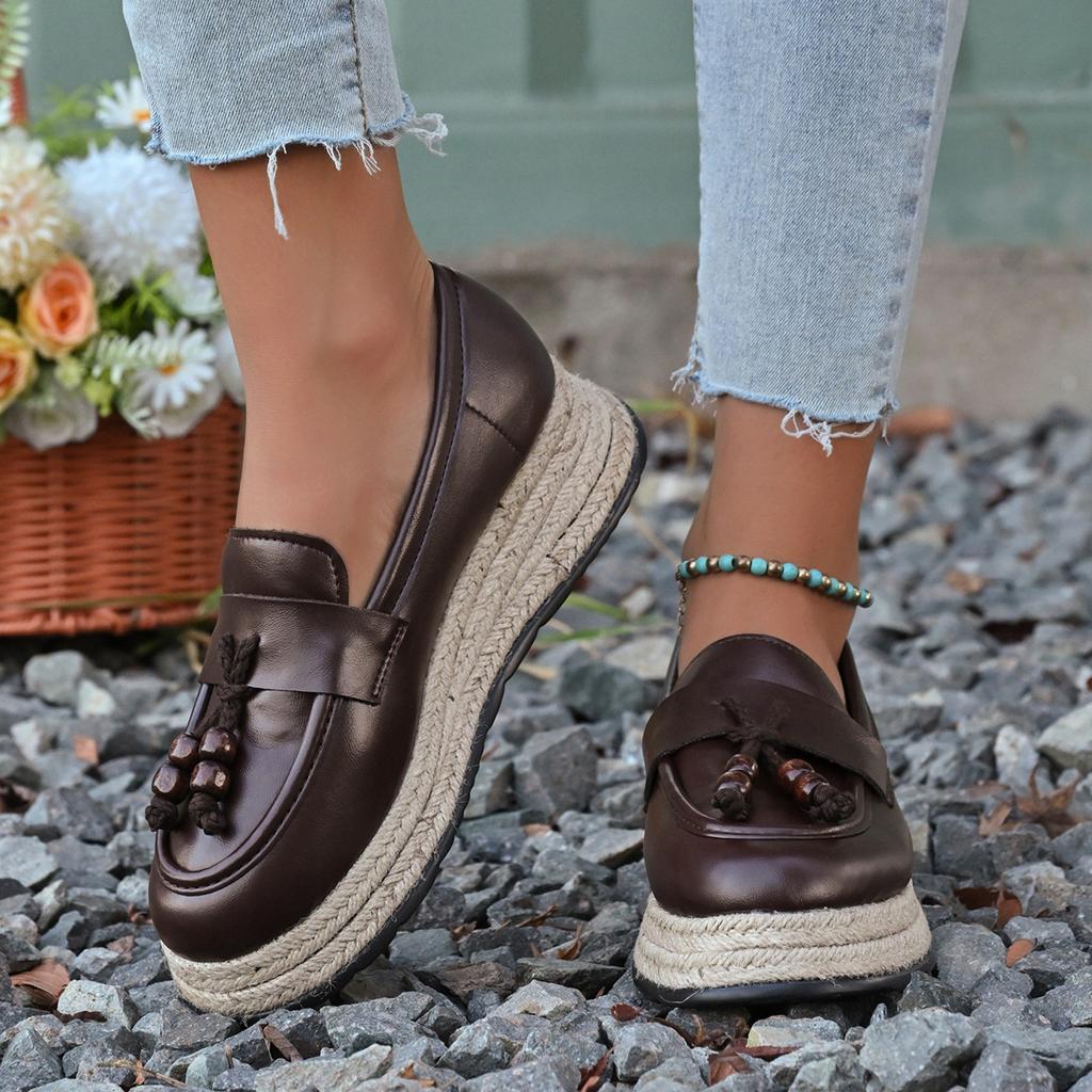 2025 new foreign trade 2025 hemp rope sole sponge cake wedge heel fringed decorative single shoes large size loafers