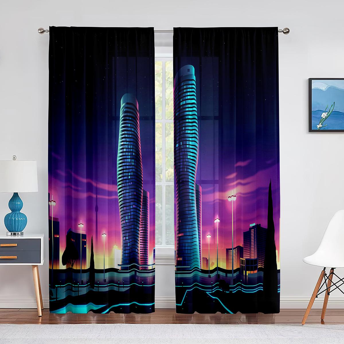 Ночной городской пейзаж Фиолетовый неоновый прозрачный занавес для гостиной Спальня Вуаль — фото 10