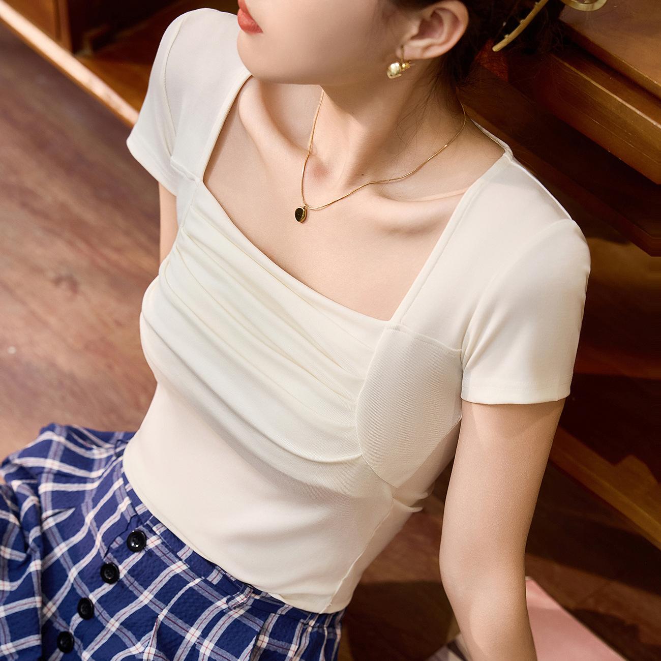 

Футболка с квадратным вырезом для женского лета, с коротким рукавом, облегающего силуэта, с акцентом на плечи 2XL