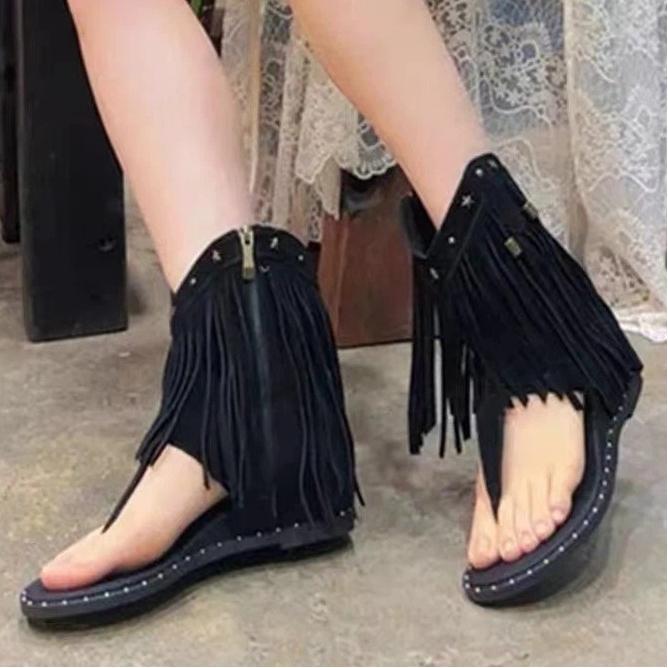 Real Leather Rivet Tassel Cool Boots For Women, With A Height Increasing Slope Heel And Clamped Toe, Summer Bohemian Sandals