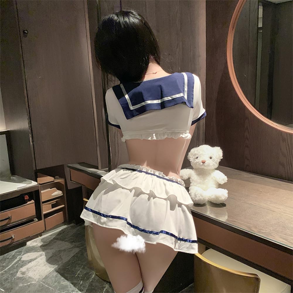 Sailor Suit Costume Sexy Open Chest Tie Naughty Extreme Halloween Pleated Skirt Frill Short Sleeve Blue Lingerie Babydoll Costume Cute Moe Photo Shoot