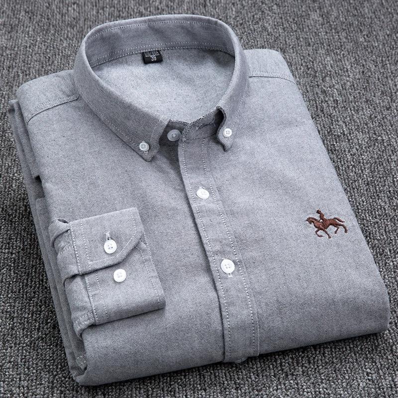Men's Spring and Autumn Plus Size Lapel Long Sleeve Oxford Spinning Button Embroidery Shirt