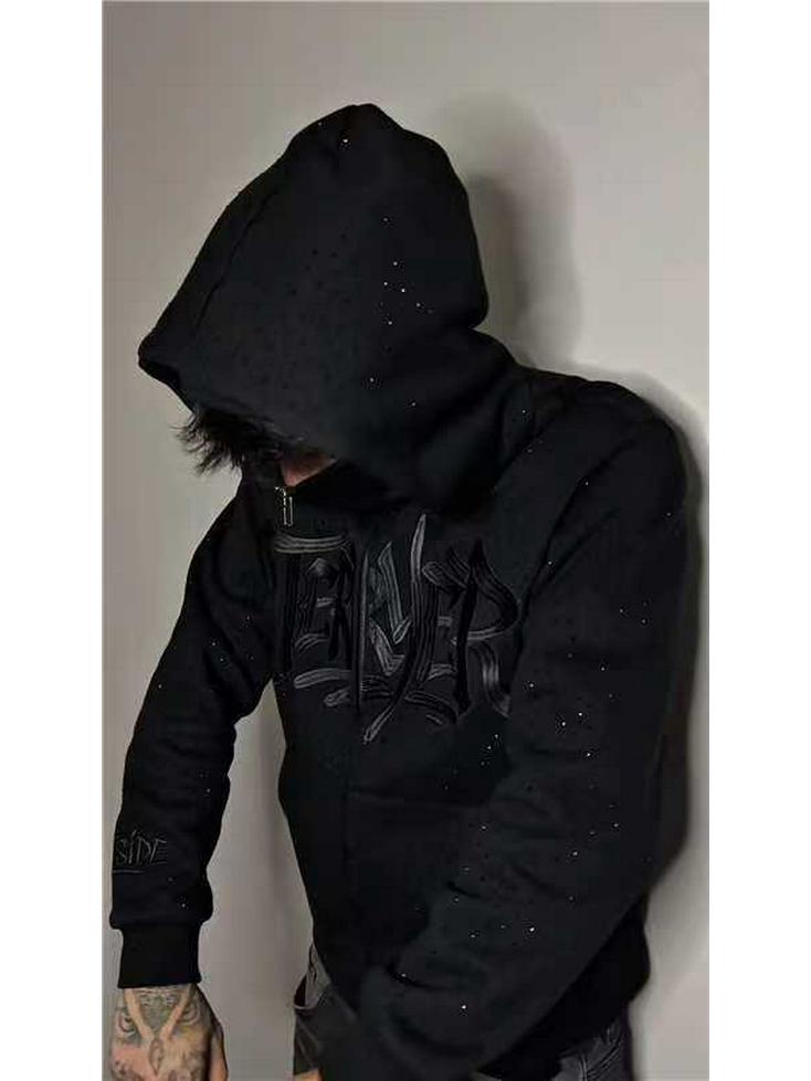Unisex Dark Zipper Hoodie: Hot Drill Embroidery, Loose Fit, High Street Style